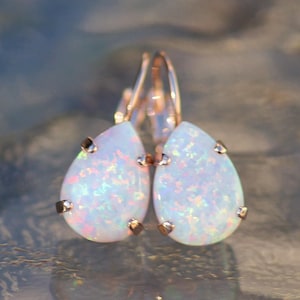 ROSE GOLD Lab Opal Drop Earrings,White Australian Opal Pear Teardrop,Small Petite Leverback,October Birthstone,Faux Opal Jewels,Gift For Her