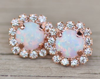 GORGEOUS White Opal & Rose Gold Halo Stud Earrings,Lab Created White Opal Halo Post,Rose Gold,Small Round Petite,Bridal,October Birthstone