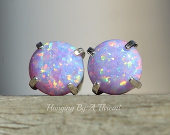 8mm Lilac Lavender Confetti Opal Stud,Small Sterling Silver Opal Cabochon Earrings,Pastel Purple Rainbow,Stud Post,Lab Created Opal Gemstone