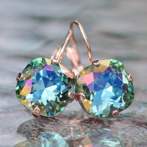 LIMITED Sea Blue Green Swarovski Rhinestone Cushion Earring,Rose Gold Rounded Square,Cushion Lever Back,Aqua Lemon Crystal Rhinestone