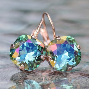 LIMITED Sea Blue Green Swarovski Rhinestone Cushion Earring,Rose Gold Rounded Square,Cushion Lever Back,Aqua Lemon Crystal Rhinestone