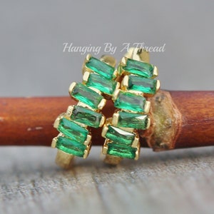 NEW Emerald Baguette CZ Golden Hoops,Small Green Cubic Hoop Earrings,Dainty Gift,Gold Wrap Hoops,One Touch,Huggie,Gift,Minimalist,Cartilage