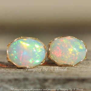 FLASHING Small Welo Opal Oval Stud Earrings,Genuine Ethiopian Opal Gold Filled Stud,Minimalist Gemstone Post,October Birthstone,Gift For Her