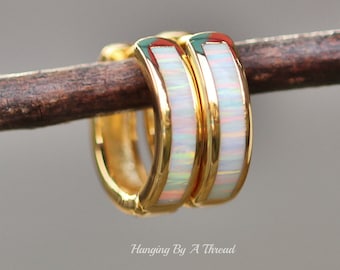 NEW Tiny White Opal Hoop Earrings,Gold Huggie Hoop,White Lab Created Opal Gemstone,Hinged Gemstone Hoop,Pastel Rainbow Opal,Inlaid Inlay