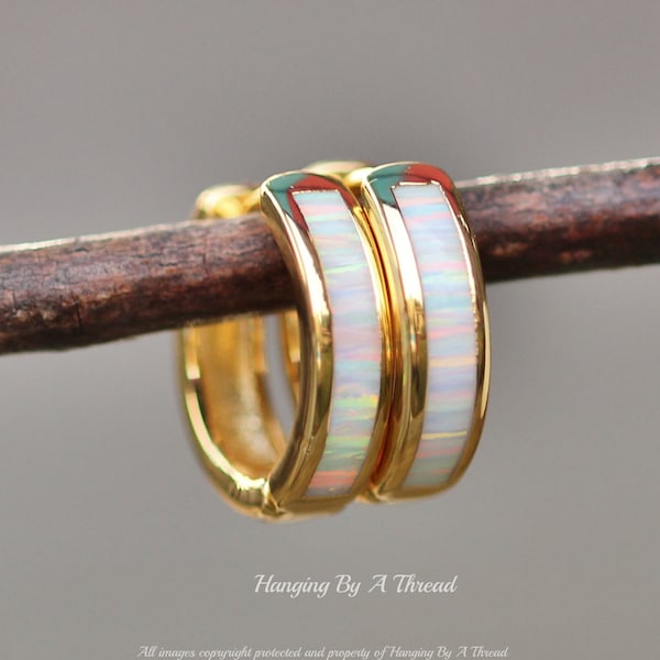 NEW Tiny White Opal Hoop Earrings,Gold Huggie Hoop,White Lab Created Opal Gemstone,Hinged Gemstone Hoop,Pastel Rainbow Opal,Inlaid Inlay