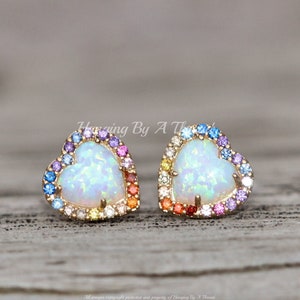 NEW White Opal Rainbow Small Heart Stud,Multi Colored Opal Halo Earrings,Gay Pride,LGBTQ,October Birthstone,Lab Created Opal,Post Stud,Small