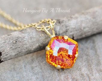 LIMITED Swarovski Mystic Square Pendant,Astral Pink Square Pendant Necklace,Orange Pink,Gold Layering Necklace,Gift,10mm,Starburst,Bright