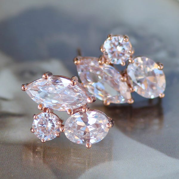 LOVELY New Rose Gold Cluster Style Earring,Post Stud,Marquise,Bridal Cluster Earring,Premium CZ Jeweled Earring,Navette,Vintage Style,White