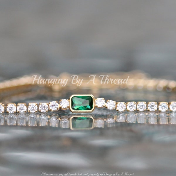 NEW Tiny Gold Emerald Green CZ Tennis Bracelet,Small Dainty Bridal Bracelet,Rectangle Jewel,Golden Link,3mm Clear Diamond Bracelet,Wedding