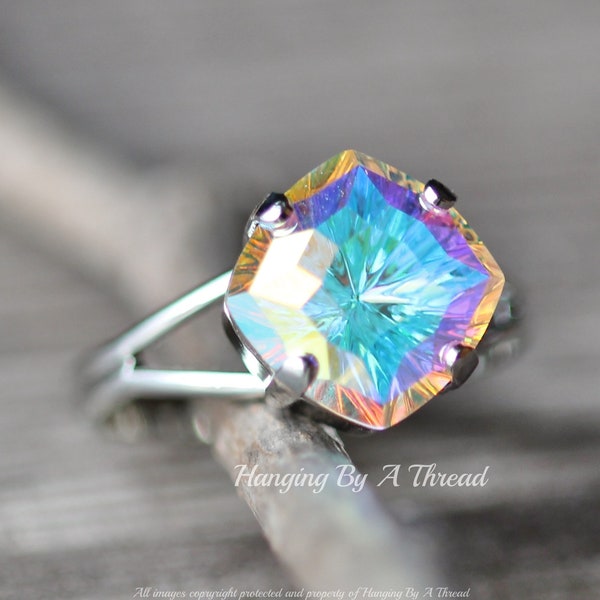 NEW Crystal AB Mystic Square Ring,Silver Swarovski Adjustable Ring,Concave Cushion Cut,Cocktail Ring,Statement,Aurora Borealis,Mystic Square