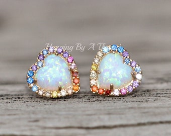 NEW White Opal Rainbow Small Heart Stud,Multi Colored Opal Halo Earrings,Gay Pride,LGBTQ,October Birthstone,Lab Created Opal,Post Stud,Small