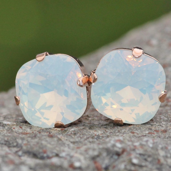 Swarovski White Opal ROSE GOLD Cushion Studs,Large Rhinestone Post Earrings,Swarovski Opal Earrings,Bridal,Weddings,Everday,12mm Stud,Gift