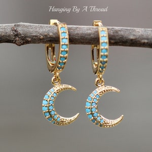 Tiny Turquoise Blue Moon Hoop Earrings,Small Gold Huggie Hoop,Cartilage Earring,Crescent Moon Earring,Robins Egg Turquoise Aqua