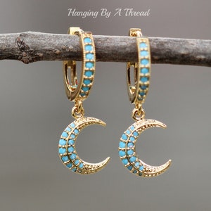 Tiny Turquoise Blue Moon Hoop Earrings,Small Gold Huggie Hoop,Cartilage Earring,Crescent Moon Earring,Robins Egg Turquoise Aqua