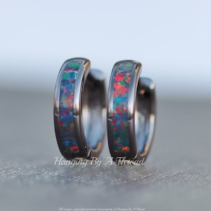 NEW COLOR Tiny Black Opal Hoop Earrings,Gunmetal Hematite Huggie Hoop,Black Lab Created Opal Gemstone,Hinged Hoop,Dark Rainbow Opal Inlay