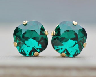 Swarovski Emerald Green Cushion Stud Earrings,Rounded Square Emerald Green Crystal Rhinestone Post,Bridesmaids,Classic,Bridal,Gift