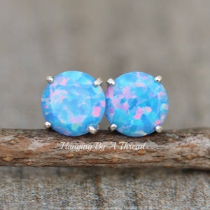 LIMITED RaRE Blue Opal Silver Stud,Sterling Silver Opal Post,Lab Created Faceted Opal Gem,October Birthstone,6mm Rainbow Multi Opal,Pastel