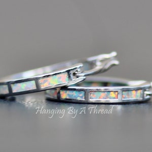 LIMITED White Opal Hoop Earrings,Lab Created Opal Endless Hoop,Sterling Silver Small Hoop Earring,White Rainbow Fire Opal,Silver Hoop,Gift