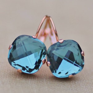 LIMITED Indian Sapphire ROSE Gold Swarovski Cushion Leverback,Rose Gold Lever Back Rhinestone Earring,Swarovski Crystal,Blue Rainbow,12mm