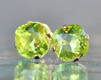 NEW COLOR 12mm Cushion Lime Green Crystal Studs,Rounded Square Crystal Post,Rhinestone,Lime Citrus Green,Bright,Gold Stud,12mm 4470,Gift