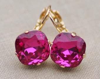 Fuchsia Swarovski Cushion Earring,Lever Back Or Post,Rhinestone Crystal Drop Earring,Hot Bright Pink,Gold Lever Back,Antique Square