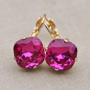 Fuchsia Swarovski Cushion Earring,Lever Back Or Post,Rhinestone Crystal Drop Earring,Hot Bright Pink,Gold Lever Back,Antique Square