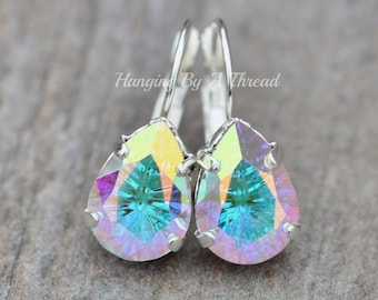 NEW Concave Cut Crystal AB Pear Earrings,Teardrop,Pastel Rainbow,Northern Lights Crystal Drop,Silver Leverback,Aurora Borealis,Gift,Unique