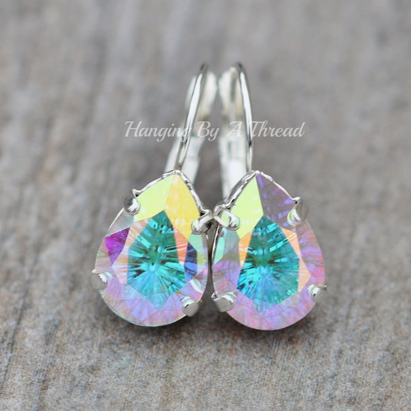 NEW Concave Cut Crystal AB Pear Earrings,Teardrop,Pastel Rainbow,Northern Lights Crystal Drop,Silver Leverback,Aurora Borealis,Gift,Unique