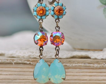 Swarovski Pacific Opal & Tangerine Long Drop Earrings,Flower Floral Link Earrings,Antique Brass Three Stone Lever Back,Crystal Rhinestone
