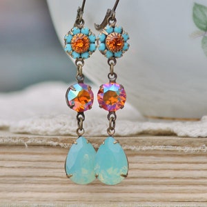 Swarovski Pacific Opal & Tangerine Long Drop Earrings,Flower Floral Link Earrings,Antique Brass Three Stone Lever Back,Crystal Rhinestone