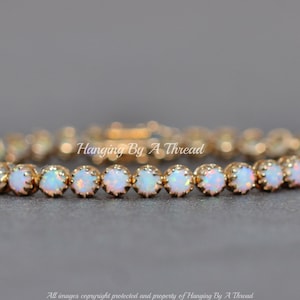 Gold White Opal Tennis Bracelet,Crown Set Lab Created Opal,October Birthstone,4mm Round,Yellow Gold Opal Jewelry,Unique Gift For Her,Stack