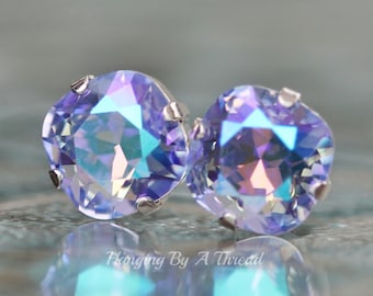 NEW COLOR Lavender Shimmer Swarovski Cushion Stud,Silver Stud Post Rhinestone Earring,Swarovski Crystal,Purple Violet Lavender Rainbow,12mm