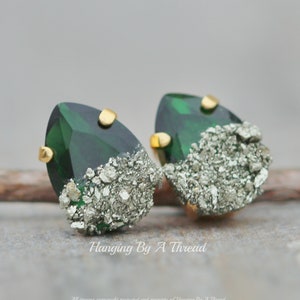 NEW Crushed Pyrite Emerald Green Crystal Earring,Raw Crystal Stud Post Earring,Gold,Emerald Dark Green,Metallic Pyrite Gemstone,Unique,Gift
