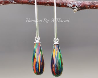 NEW COLOR Elegant Genuine Opal Drop Earrings,Black Opal Teardrop Earring,Sterling Silver,Lab Created Opal,October Birthstone,Gift,Birthday