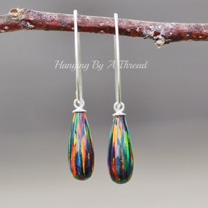 NEW COLOR Elegant Opal Drop Earrings,Black Opal Teardrop Earring,Sterling Silver,Lab Created Opal,October Birthstone,Gift,Birthday