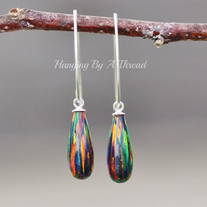 NEW COLOR Elegant Genuine Opal Drop Earrings,Black Opal Teardrop Earring,Sterling Silver,Lab Created Opal,October Birthstone,Gift,Birthday