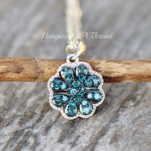 Genuine Blue Diamond Pave Pendant,Small Blue Diamond Flower Necklace,Sterling Silver,April Birthstone,Flower Daisy,Navy Sapphire Blue,Gift