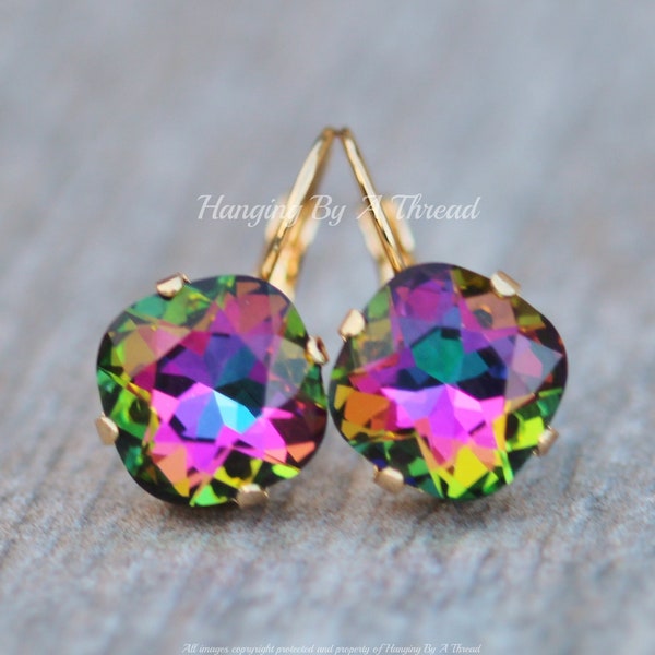 DISCONTINUED COLOR Crystal Electra Cushion Earrings,Swarovski Crystal Purple Green Rainbow,12mm Rounded Square,Lever Back or Stud,Choose