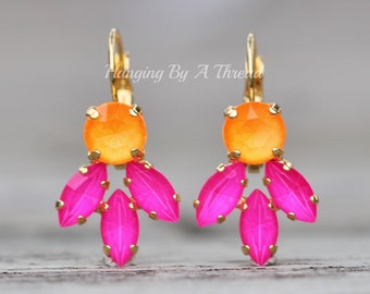 NEW Neon Bright Marquise Cluster Earrings,Pink Orange Crystal Cluster Dangle Drop Earring,Marquise Navette,Gold Lever Back,Neon Pink,Orange