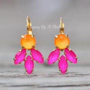 NEW Neon Bright Marquise Cluster Earrings,Pink Orange Crystal Cluster Dangle Drop Earring,Marquise Navette,Gold Lever Back,Neon Pink,Orange