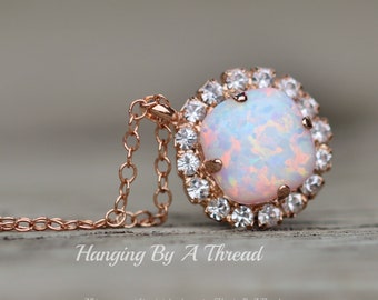 LAST 1 White Opal Cushion Gemstone Necklace,Halo Rhinestone Necklace,White Opal Swarovski Necklace,Rose Gold Filled,Sterling,Birthstone,Gift