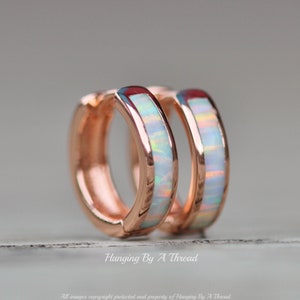 NEW Tiny White Opal Hoop Earrings,Rose Gold Huggie Hoop,White Lab Created Opal Gemstone,Hinged Hoop,Pastel Rainbow Opal,Inlaid Inlay,Gift