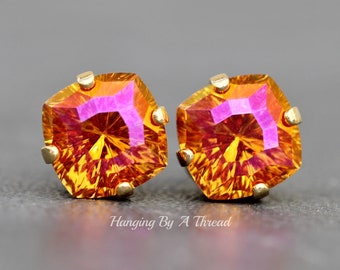 LIMITED Swarovski Mystic Square Stud,Astral Pink Rounded Square Post Earring,Cushion,Pink Orange Shimmer,Gold Crystal Rhinestone Stud,Bright