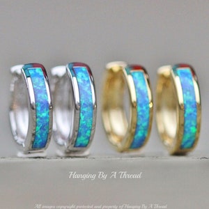 Sky Blue Opal Hoop Earrings,Gold or Silver Huggie Hoop,Blue Lab Created Opal Gemstone,Hinged Gemstone Hoop,Pastel Rainbow,Inlaid Inlay