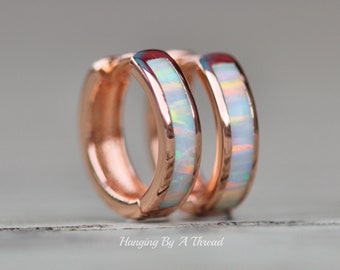NEW Tiny White Opal Hoop Earrings,Rose Gold Huggie Hoop,White Lab Created Opal Gemstone,Hinged Hoop,Pastel Rainbow Opal,Inlaid Inlay,Gift