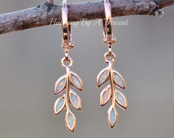 Tiny Rose Gold Opal Leaf Earrings,White Branch Opal Inlaid Inlay,Huggie Hoop,Rose Gold,Autumn,Nature,Small Dangle Earrings,Created Opal