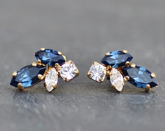 NEW Navy Blue Marquise Cluster Earrings,small Rhinestone Stud Post