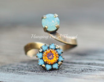 LIMITED Swarovski Turquoise Tangerine Flower Ring,Two Stone Ring,Pacific Opal Blue,Turquoise Blue,8mm 6mm Ring,Antique Brass,Adjustable