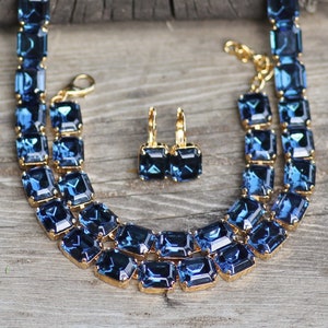 NEW Swarovski Navy Blue Octagon Tennis Set,Matching Necklace,Bracelet & Earring Set,Navy Blue,Rectangle,Emerald Cut Jewel,Gold,Bride