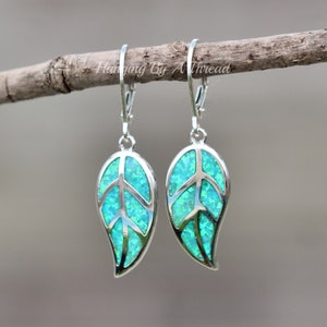 NEW Green Opal Leaf Earrings,Green Opal Inlaid Inlay Earrings,Sterling Leverback,Autumn,Nature,Small Dangle Earrings,Created Blue Green Opal